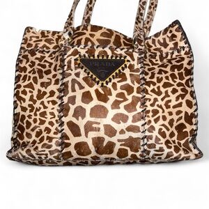 Prada Giraffe Animal Print Calfskin Shoulder Tote Bag